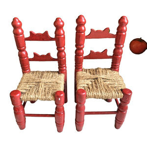 Pair (2) Toy Chairs Painted Red Wood & Twine Seats Cottage Farm Doll House Decor